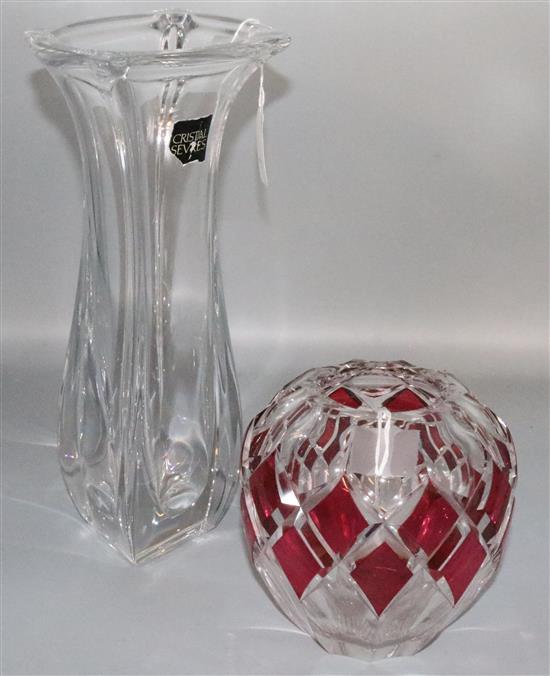 Val St Lambert pink overlay panel-cut ovoid vase and a Cristel Sevres tall waisted clear glass vase (2)